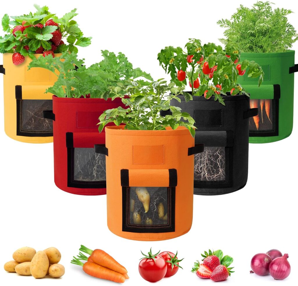 Vegetable Grow Bags, 5 Pack Potato Grow Bags 7 Gallon, Breathable Felt Plant Growing Fabric Pots with Strap Handles, Indoor Outdoor Grow Containers for Vegetables Flowers Plants Herbs Fruits, Red