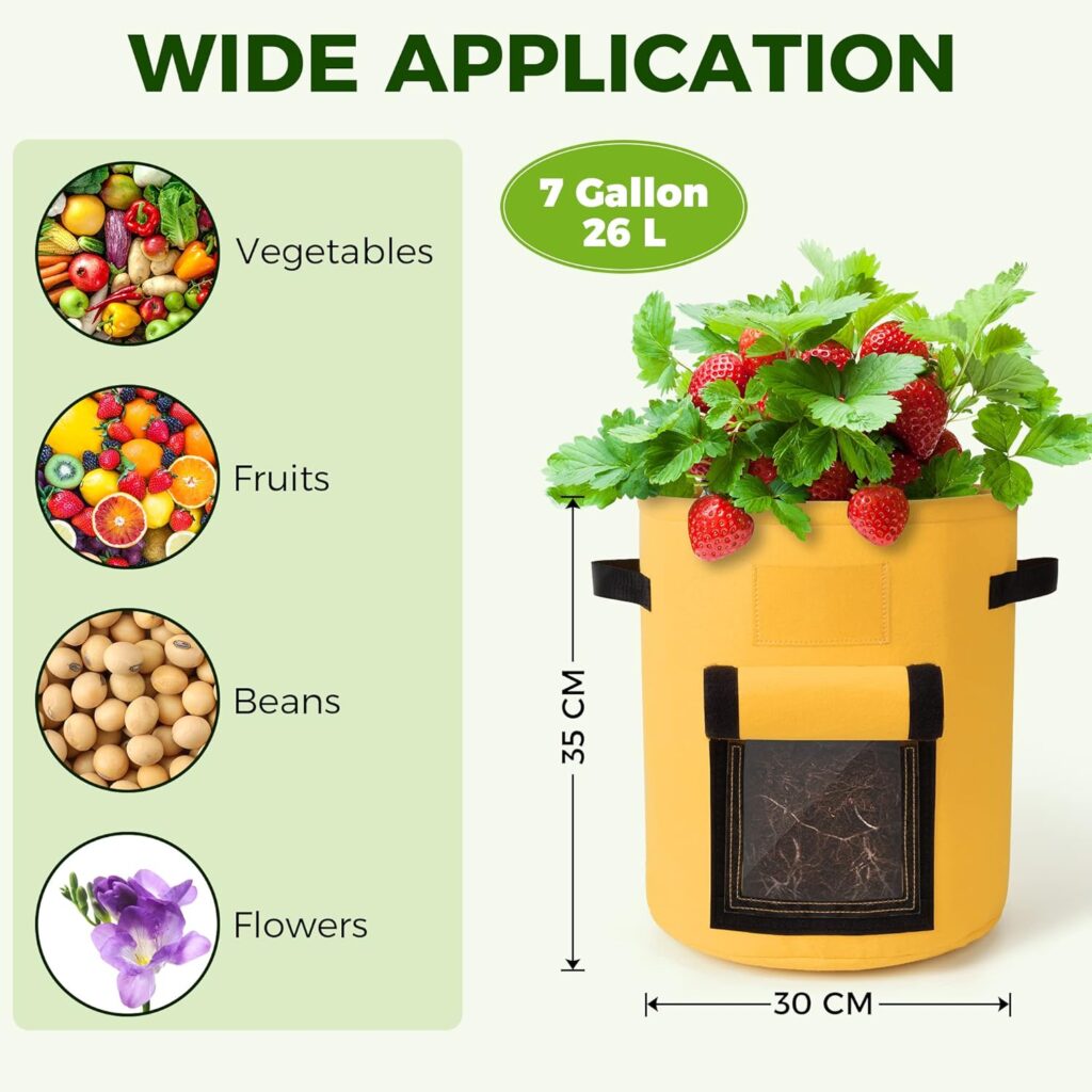 Vegetable Grow Bags, 5 Pack Potato Grow Bags 7 Gallon, Breathable Felt Plant Growing Fabric Pots with Strap Handles, Indoor Outdoor Grow Containers for Vegetables Flowers Plants Herbs Fruits, Red