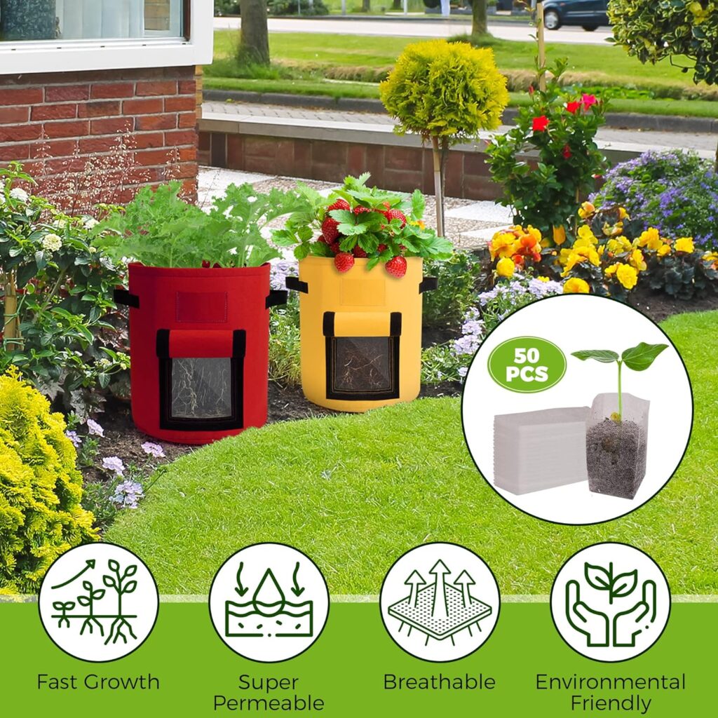 Vegetable Grow Bags, 5 Pack Potato Grow Bags 7 Gallon, Breathable Felt Plant Growing Fabric Pots with Strap Handles, Indoor Outdoor Grow Containers for Vegetables Flowers Plants Herbs Fruits, Red