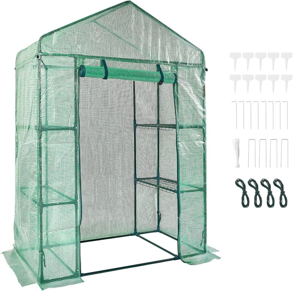 VEVOR Walk-in Green House, 4.6 x 2.4 x 6.7 ft Greenhouse with Shelves, Set Up in Minutes, High Strength PE Cover with Door Windows and Steel Frame, Suitable for Planting and Storage, Green