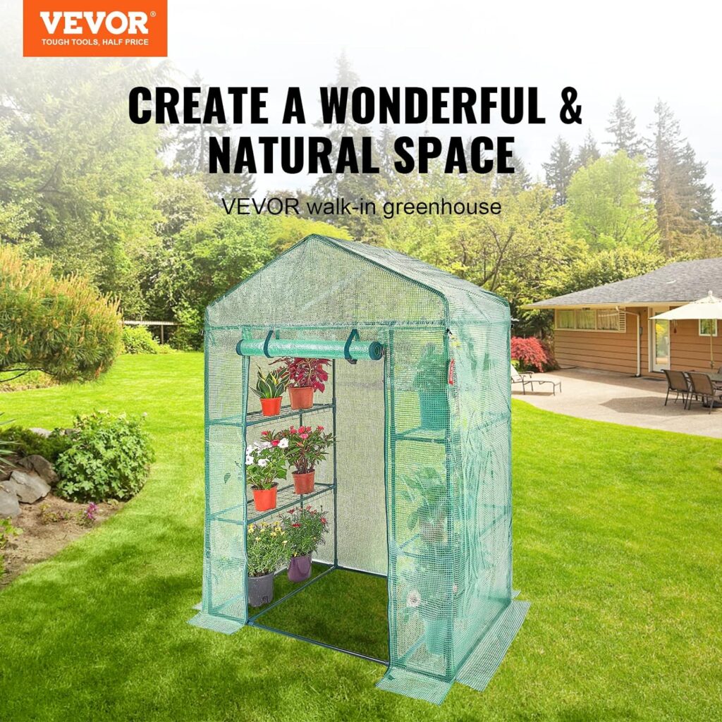 VEVOR Walk-in Green House, 4.6 x 2.4 x 6.7 ft Greenhouse with Shelves, Set Up in Minutes, High Strength PE Cover with Door Windows and Steel Frame, Suitable for Planting and Storage, Green