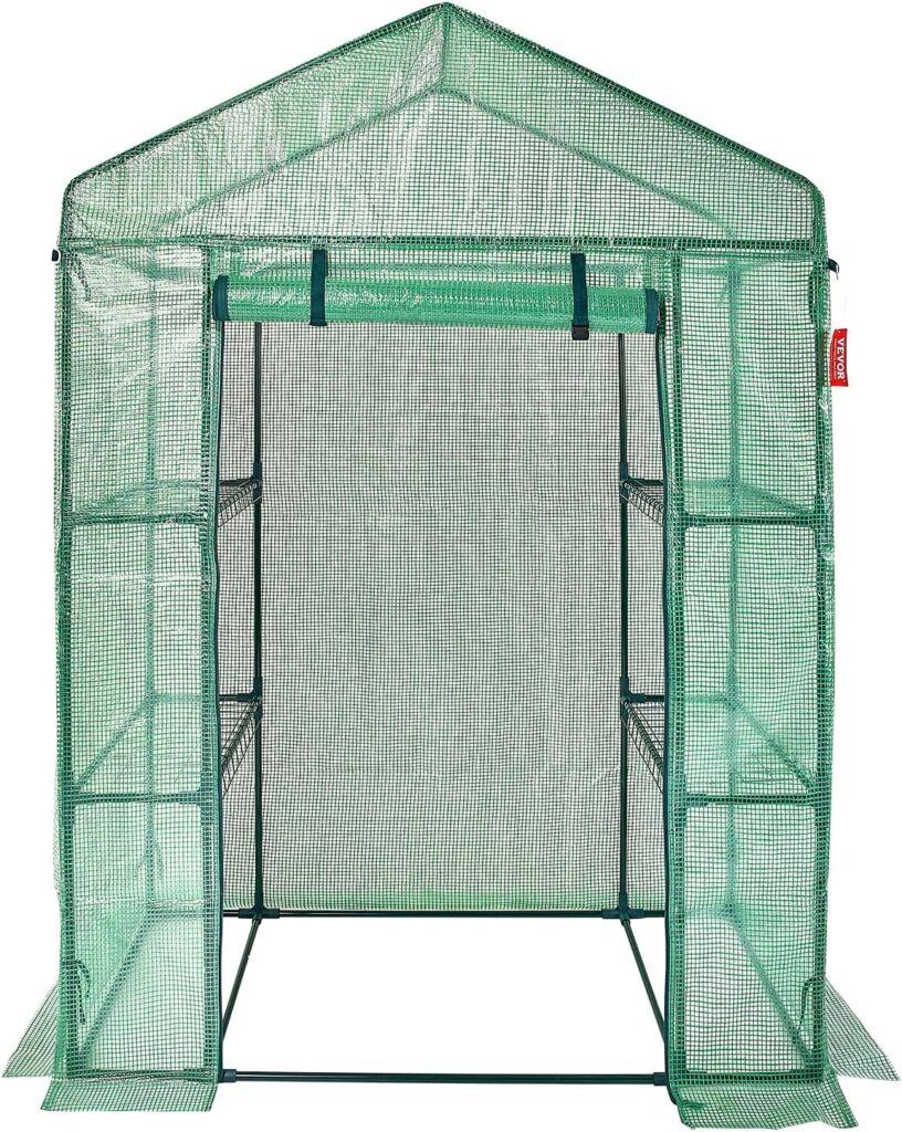 VEVOR Walk-in Green House, 4.6 x 2.4 x 6.7 ft Greenhouse with Shelves, Set Up in Minutes, High Strength PE Cover with Door Windows and Steel Frame, Suitable for Planting and Storage, Green