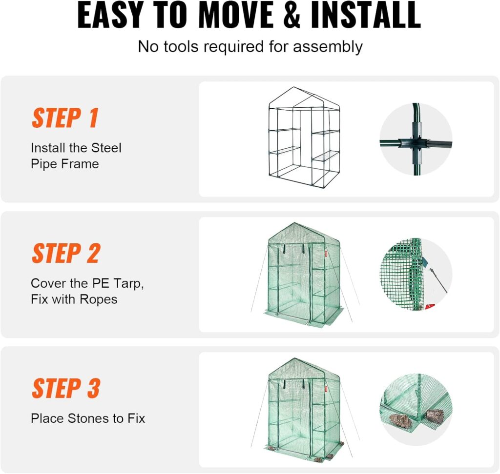 VEVOR Walk-in Green House, 4.6 x 2.4 x 6.7 ft Greenhouse with Shelves, Set Up in Minutes, High Strength PE Cover with Door Windows and Steel Frame, Suitable for Planting and Storage, Green