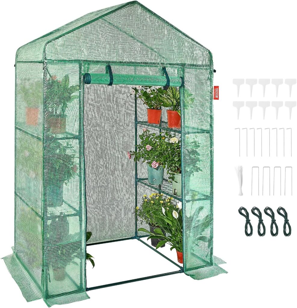 VEVOR Walk-in Green House, 4.6 x 2.4 x 6.7 ft Greenhouse with Shelves, Set Up in Minutes, High Strength PE Cover with Door Windows and Steel Frame, Suitable for Planting and Storage, Green