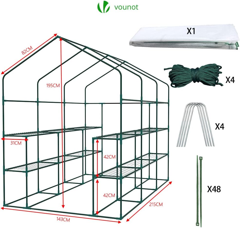 VOUNOT Walk In Greenhouse with Shelves, Roll up Zip Panel Door Garden Plastic Polytunnels Grow House for Outdoor Use, White 143x215x195cm