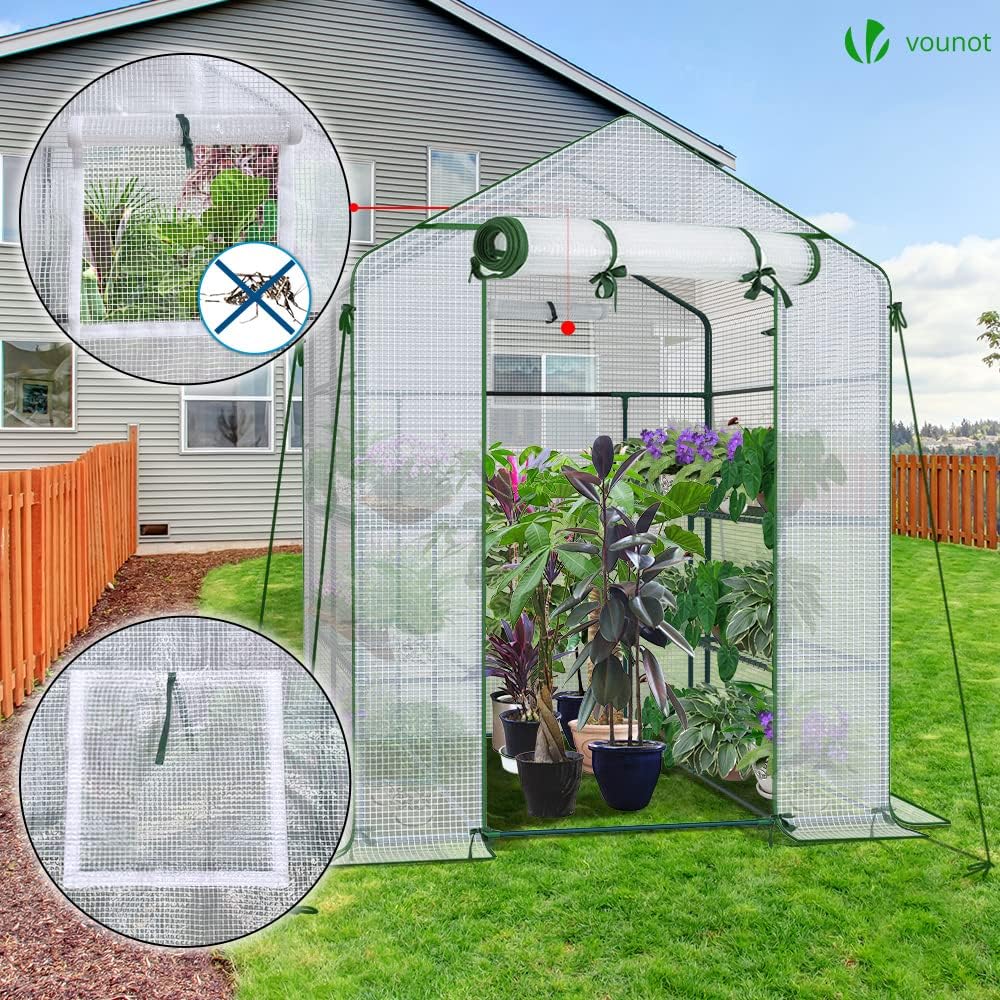 VOUNOT Walk In Greenhouse with Shelves, Roll up Zip Panel Door Garden Plastic Polytunnels Grow House for Outdoor Use, White 143x215x195cm