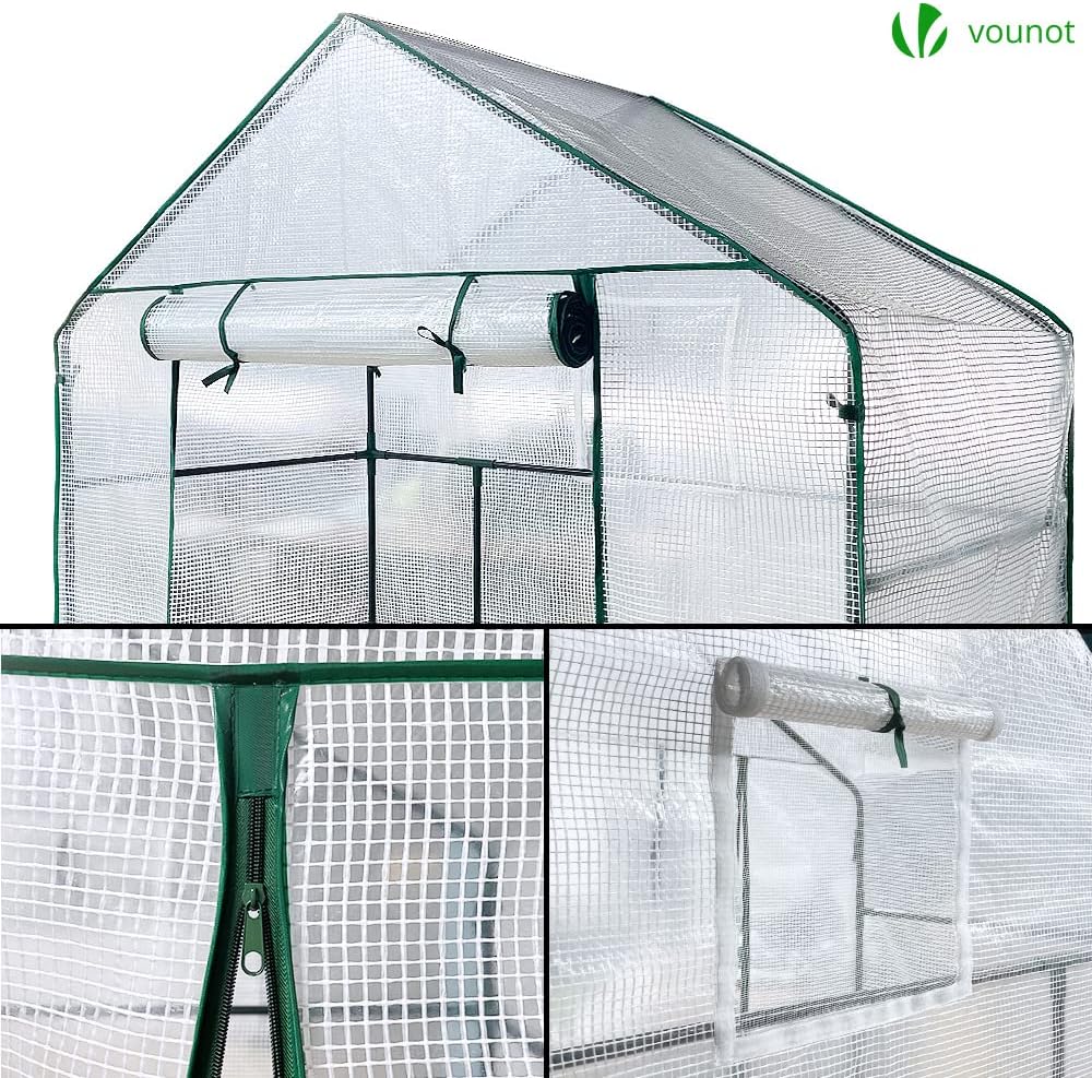 VOUNOT Walk In Greenhouse with Shelves, Roll up Zip Panel Door Garden Plastic Polytunnels Grow House for Outdoor Use, White 143x215x195cm