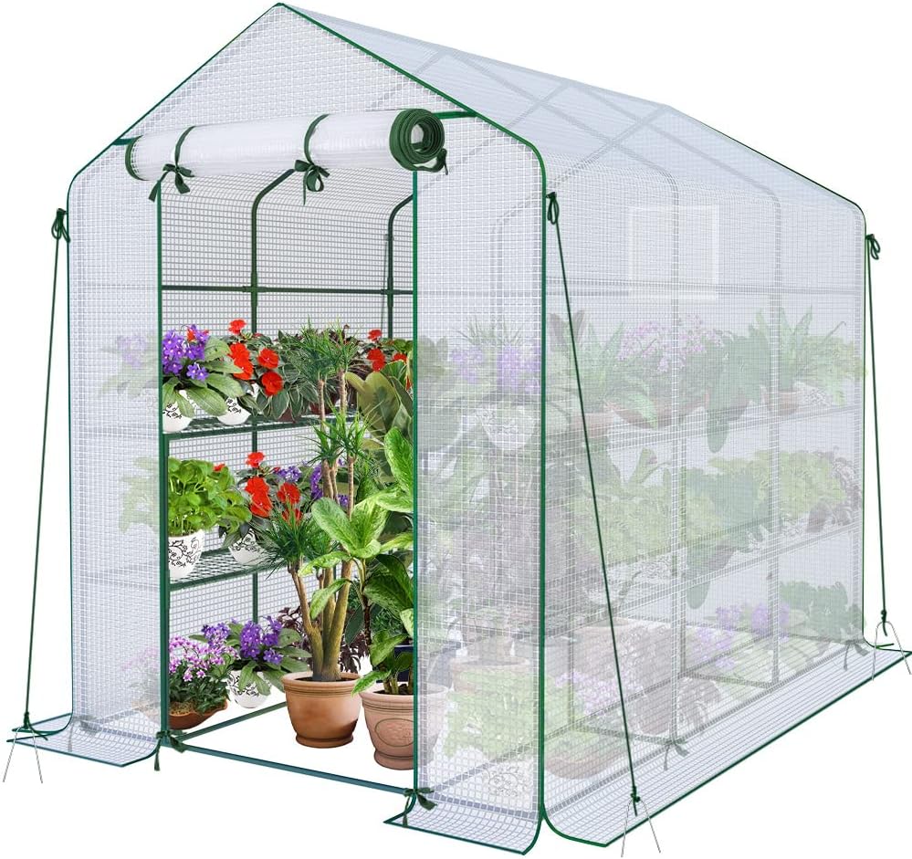 VOUNOT Walk In Greenhouse with Shelves, Roll up Zip Panel Door Garden Plastic Polytunnels Grow House for Outdoor Use, White 143x215x195cm