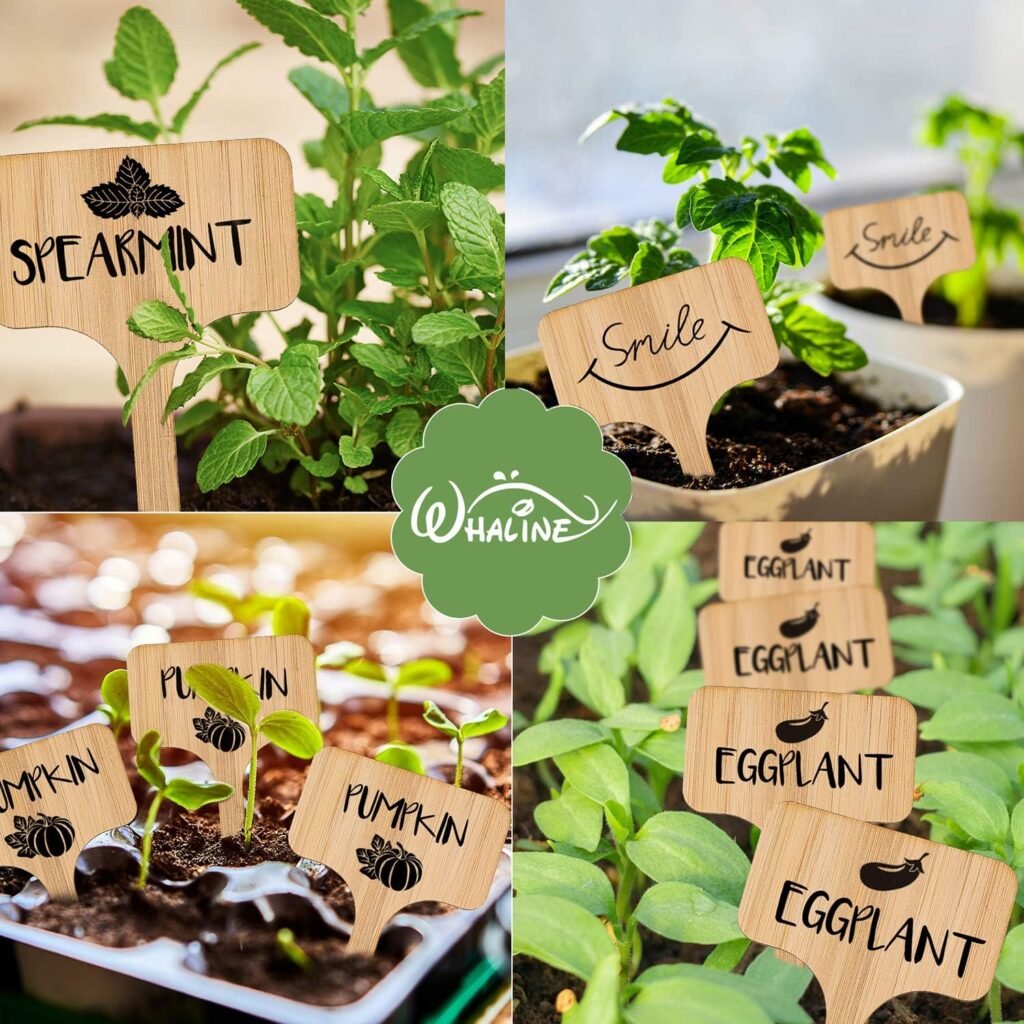 Whaline 30Pcs Bamboo Plant Labels with A Marker Pen, T-Type Wooden Plant Marker Garden Sign Tags Garden Markers for Seed Potted Herbs Flowers Vegetables (6 x 10 cm)