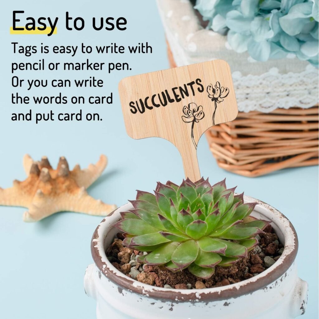 Whaline 30Pcs Bamboo Plant Labels with A Marker Pen, T-Type Wooden Plant Marker Garden Sign Tags Garden Markers for Seed Potted Herbs Flowers Vegetables (6 x 10 cm)
