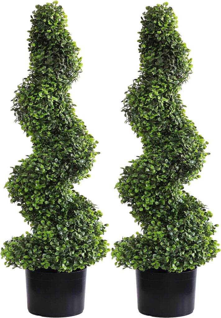 2 Set Artificial Spiral Boxwood Topiary Trees,3 Ft / 90cm Realistic Buxus Decorative Bushes/Shrubs for Outdoor/Indoor, Home, Garden and Office Decor.