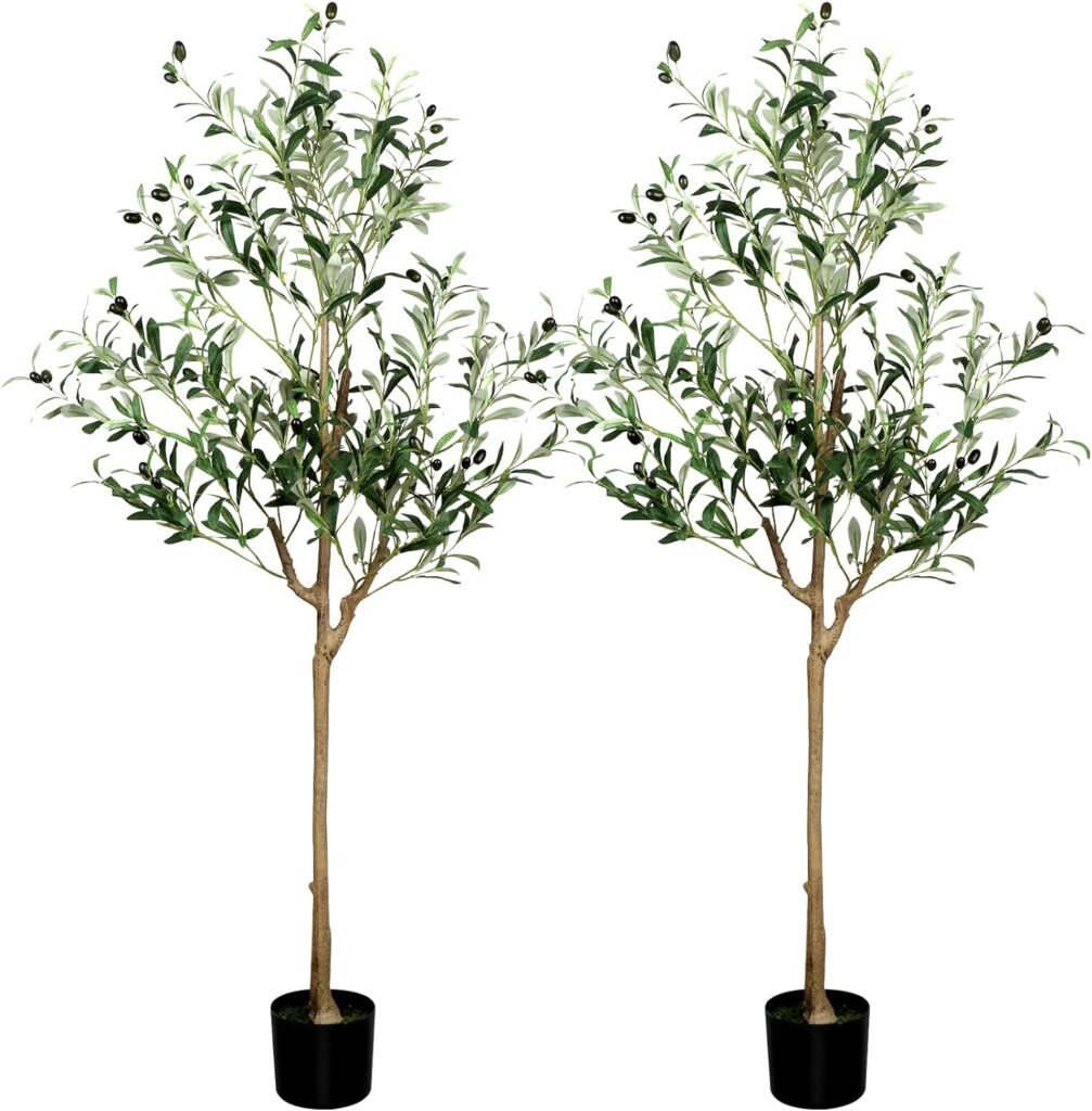 5ft Fake Olive Tree Decorative Artificial Trees, 2pcs Faux Olive Trees Indoor Tall Plants in Pots with Realistic Branches Fruits for Home Office Indoor Outdoor Decor, Housewarming Gift