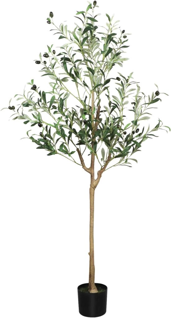 5ft Fake Olive Tree Decorative Artificial Trees, 2pcs Faux Olive Trees Indoor Tall Plants in Pots with Realistic Branches Fruits for Home Office Indoor Outdoor Decor, Housewarming Gift