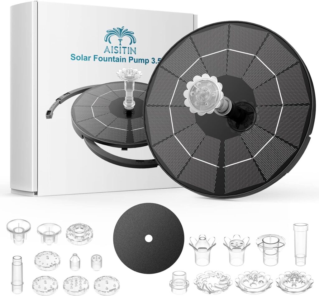 AISITIN Solar Fountain 3.5W Solar Water Feature Round Split Stand Individually Floating Bird Bath with 12 Nozzles Pond Pump and Solar Panel for Pool, Pond, Garden Decoration or Water Feature