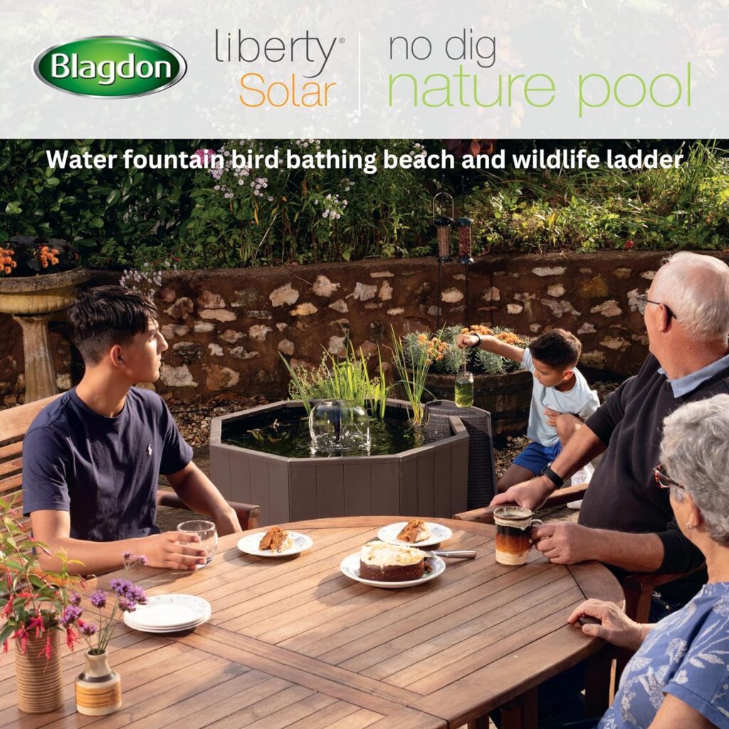 Blagdon Liberty No Dig Nature Pool, Raised Pond for Garden or Patio, Click Fit Easy Construction, with Floating Solar Fountain Pump, Bird Landing Platform, Wildlife Access Ladder and Planting Pocket