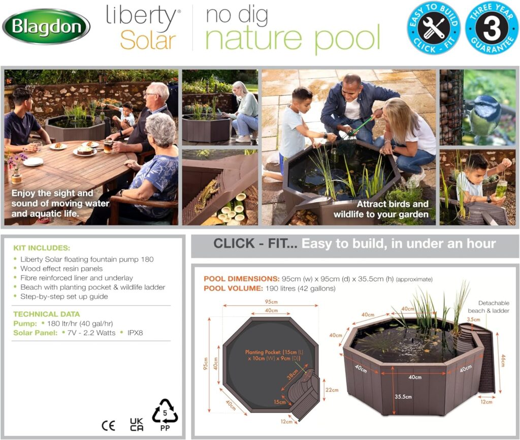 Blagdon Liberty No Dig Nature Pool, Raised Pond for Garden or Patio, Click Fit Easy Construction, with Floating Solar Fountain Pump, Bird Landing Platform, Wildlife Access Ladder and Planting Pocket