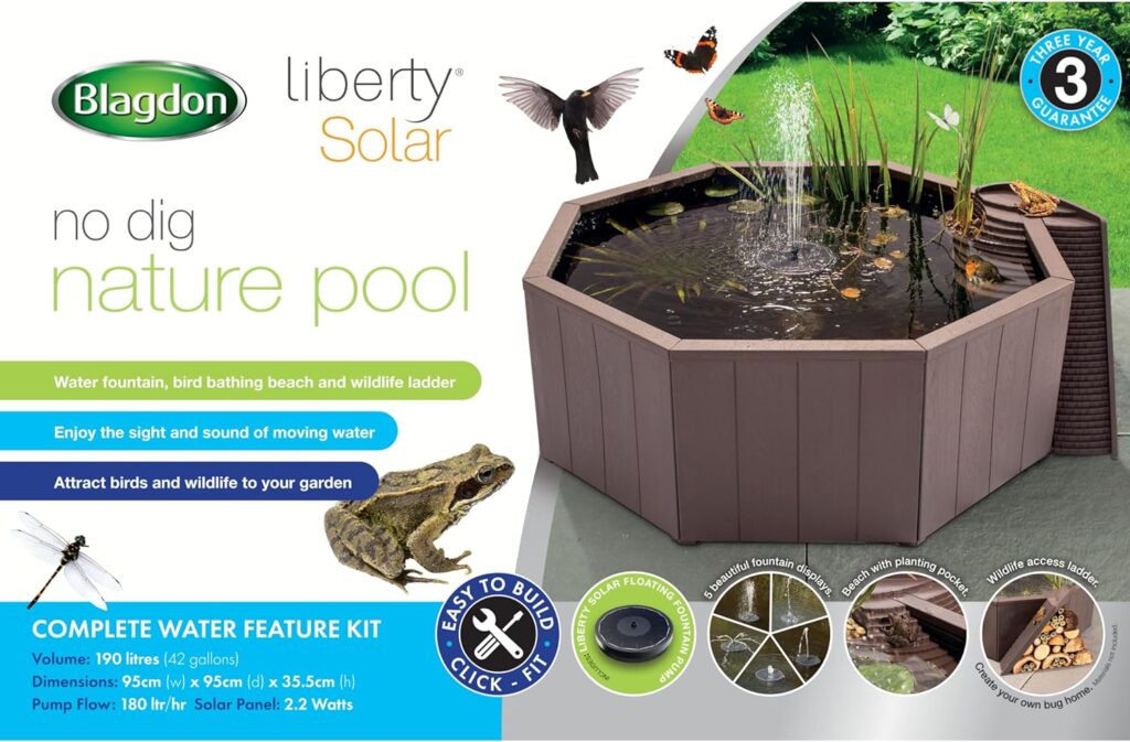 Blagdon Liberty No Dig Nature Pool, Raised Pond for Garden or Patio, Click Fit Easy Construction, with Floating Solar Fountain Pump, Bird Landing Platform, Wildlife Access Ladder and Planting Pocket