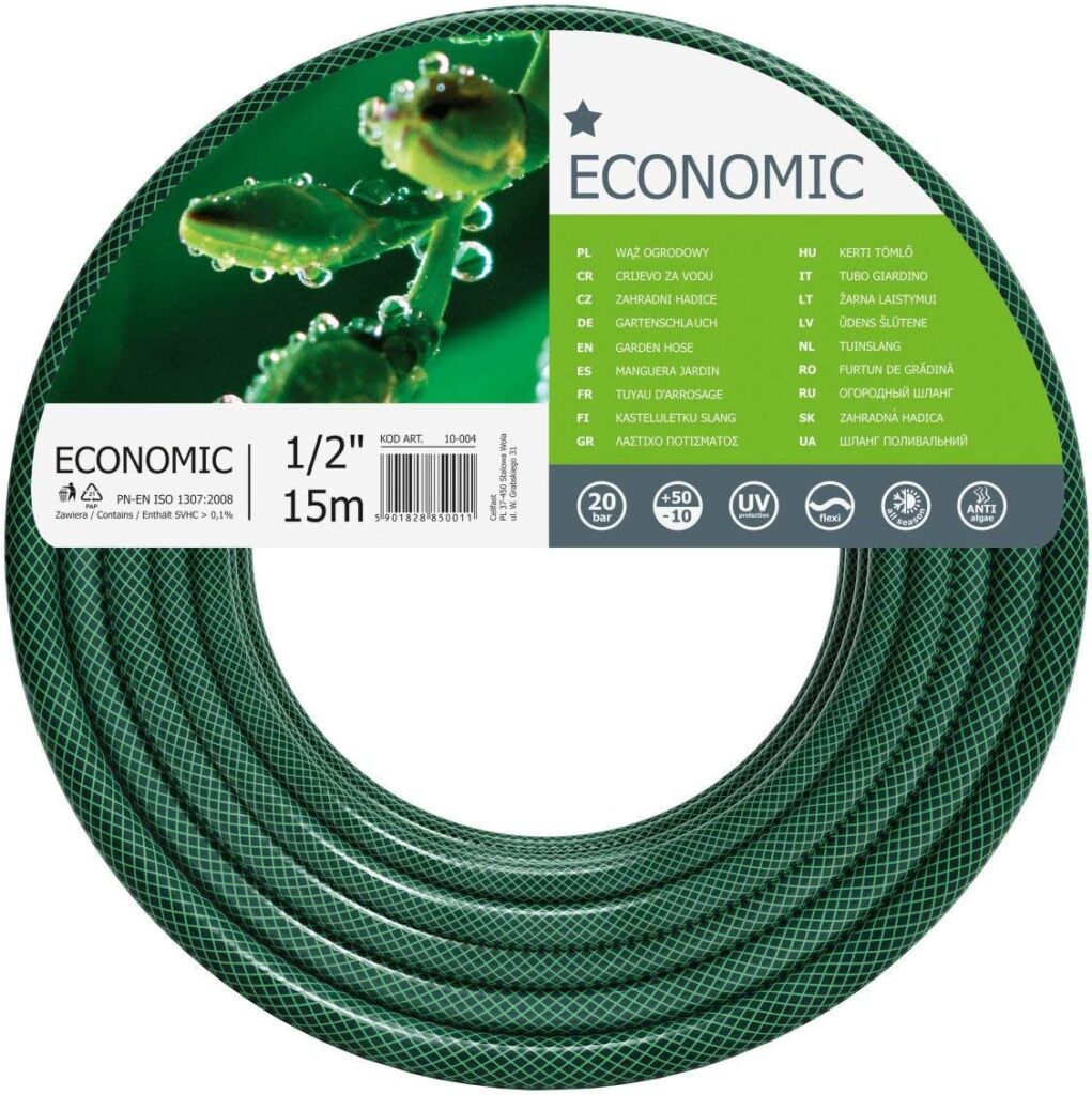 Cellfast Garden hose ECONOMIC elastic and flexible 3-layer water hose made of polyester cross fabric, resistant to UV rays and algae deposits, 20 bar bursting pressure, 15 m, 1/2 inch, 10-004