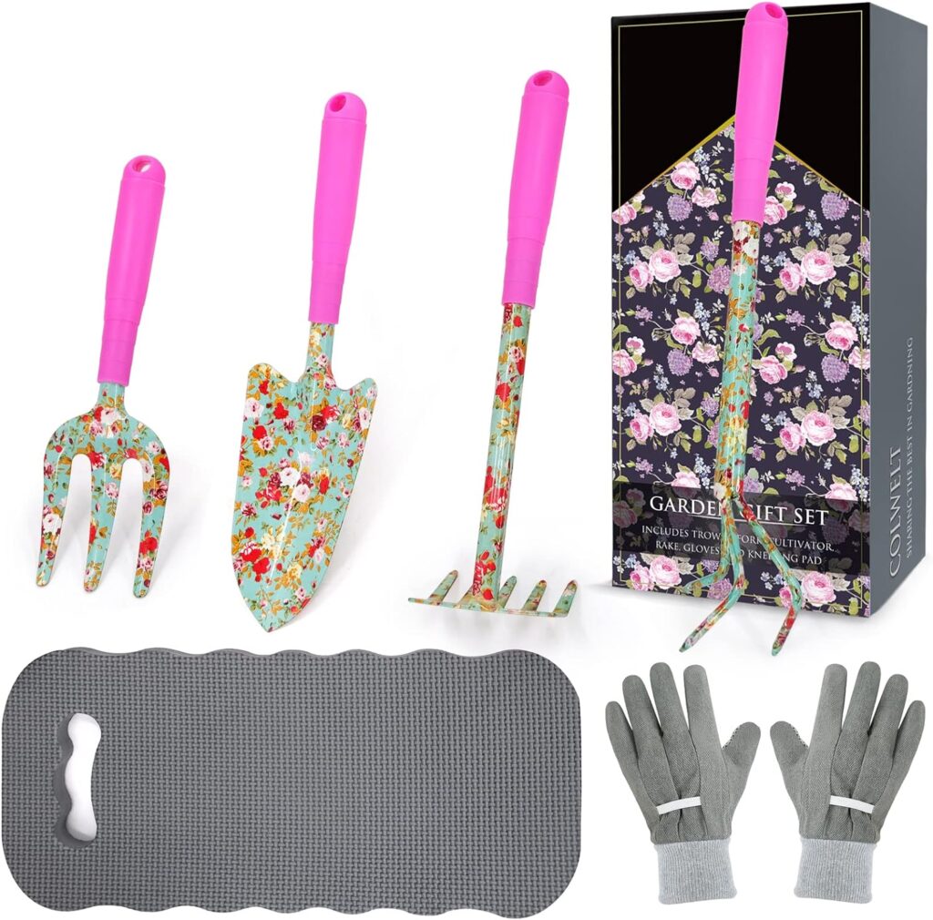 Colwelt Floral Garden Tool Set 6PCS, Gardening Kit with Beautiful Print, Gardening Gifts Tools for Women with Transplant Trowel, Fork, Hand Rake, Cultivator, Garden Gloves and Kneeling Pad