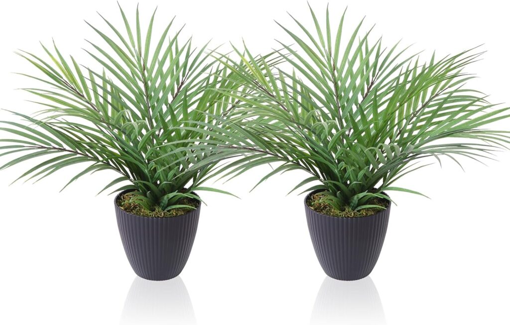 CROSOFMI Artificial Plants Areca Palm 35cm Fake Tropical Tree Faux Plants for Indoors and Outdoors Artificial Foliage and Plastic Pot for Party Office Home House Decorations (2 PACK)