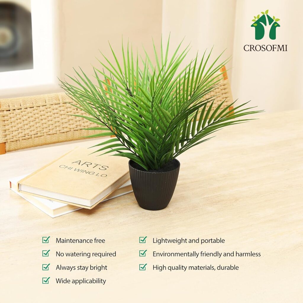 CROSOFMI Artificial Plants Areca Palm 35cm Fake Tropical Tree Faux Plants for Indoors and Outdoors Artificial Foliage and Plastic Pot for Party Office Home House Decorations (2 PACK)