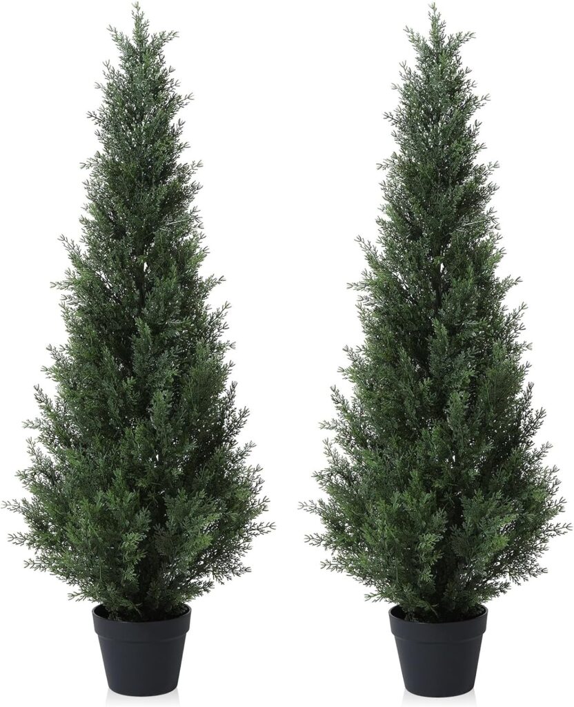 CROSOFMI Artificial Plants Outdoor 125 cm Fake Cedar Tree Large Faux Plants With Plastics Pots for Garden Front Porch Decoration (2 Pack)