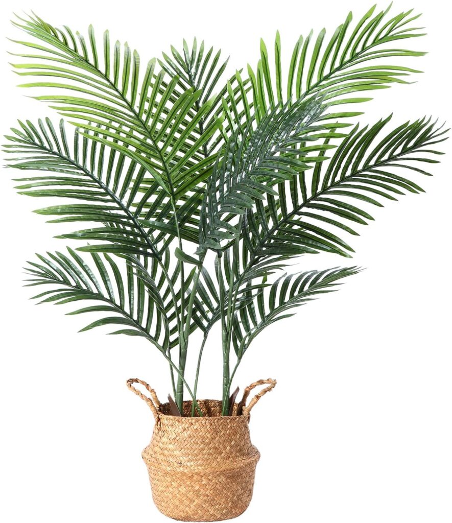 Ferrgoal Artificial Plants Areca Palm Trees with Seagrass Basket 110cm Large Fake Faux Plastic Plants for Home Indoor Outdoor Bedroom Decor 1Pcs