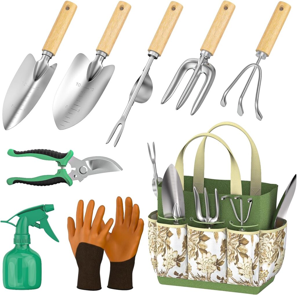 Fixmend Garden Tools Set, 9 Pieces Gardening Hand Tool Gift Kit, Stainless Steel Gardening Gifts for Women Men with Heavy Duty Tool Bag for Easy Storage