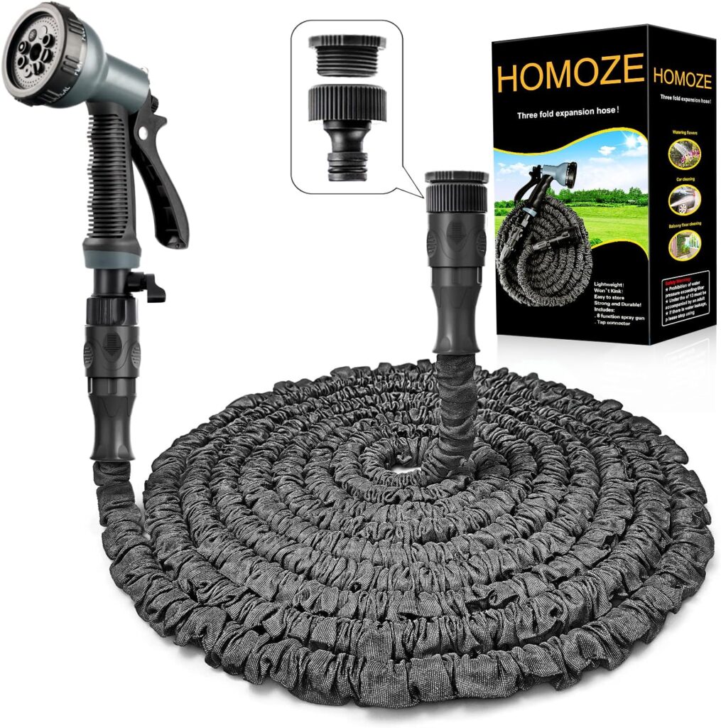 Garden Hose Pipe Expandable Garden Hose with 3/4, 1/2 Fittings, Anti-Leakage - Flexible Expanding Hose with 8 Function Spray Nozzle by Homoze (50FT, Black) (50FT, Black)