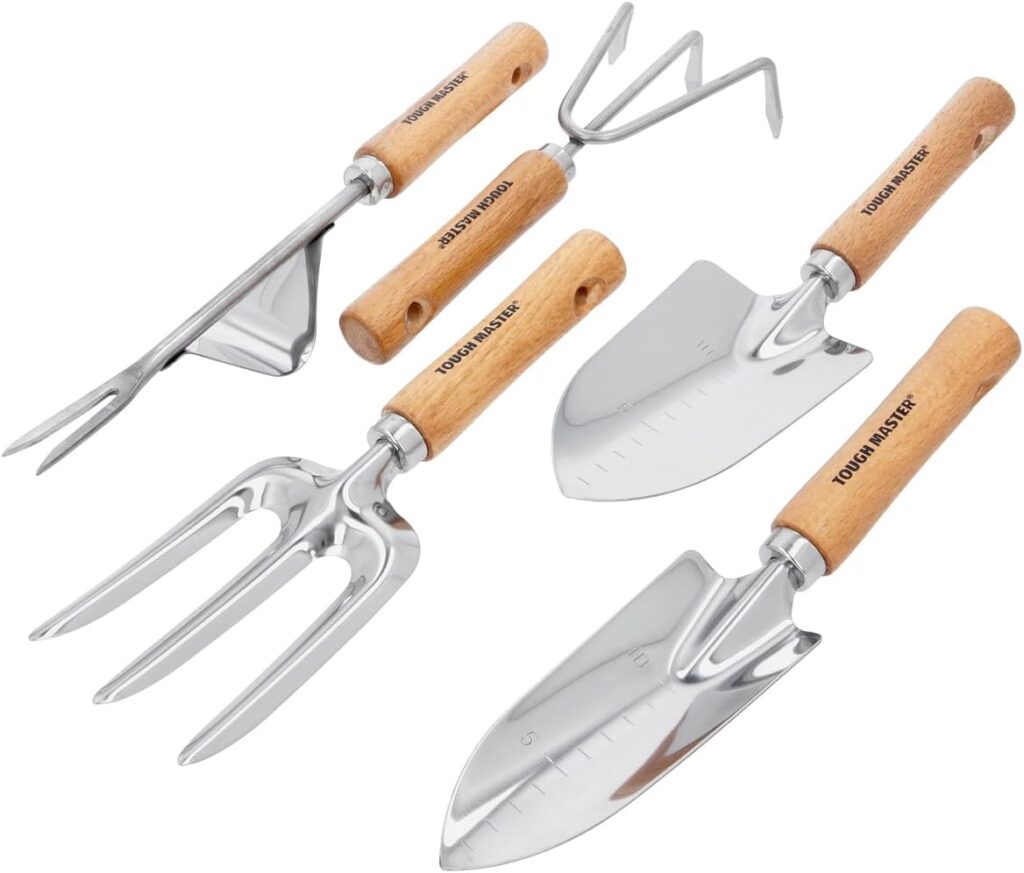 Garden Tools Set 5 Piece Hand Tool Gift Kit With Wooden Handle For Planting Digging Weeding Hand Trowel, Transplanter, Weeder, Hand Cultivator, Fork, Gardening Gifts for Women Men TOUGH MASTER