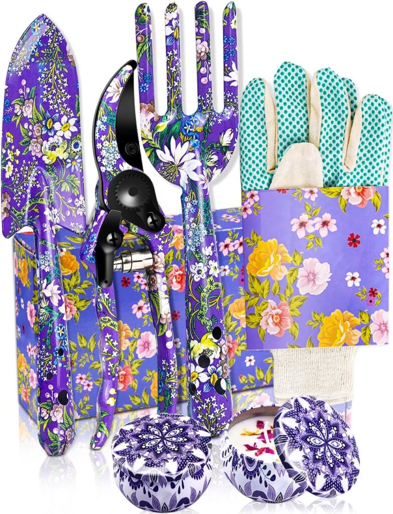 Gardening Gifts For Women, 6Pcs Garden Tools Set with Floral Print, included Trowel Fork Scissors 2 Candles and Gloves, Mothers day Birthday Gifts for Mum for Ladies Gardener (Blue)