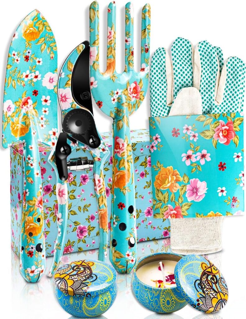 Gardening Gifts For Women, 6Pcs Garden Tools Set with Floral Print, included Trowel Fork Scissors 2 Candles and Gloves, Mothers day Birthday Gifts for Mum for Ladies Gardener (Blue)