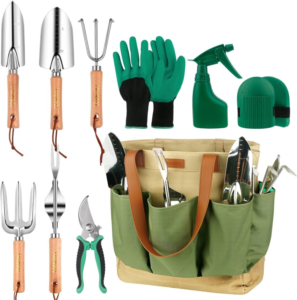 Gardening Tools Set, Garden Tool Kit with Outdoor Hand Tools, Unique Grass Shears, Garden Gloves, Storage Tote Bag, Garden Tools Set Gifts for Women and Men