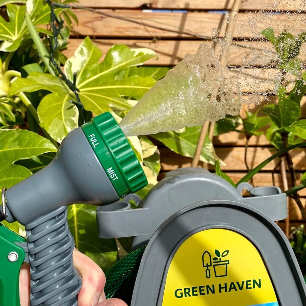 Green Haven Lightweight Garden Hose Reel - 10m Compact Hose Pipe Reel with 7 Adjustable Spray Gun Nozzles - Outdoor Mini Hose Gun with Accessories for Irrigation - Easy Storage Hosepipe Reel Set