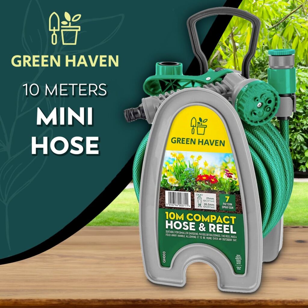 Green Haven Lightweight Garden Hose Reel - 10m Compact Hose Pipe Reel with 7 Adjustable Spray Gun Nozzles - Outdoor Mini Hose Gun with Accessories for Irrigation - Easy Storage Hosepipe Reel Set