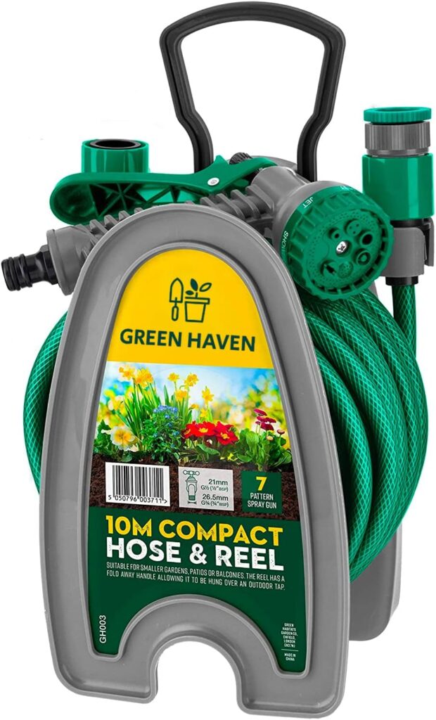 Green Haven Lightweight Garden Hose Reel - 10m Compact Hose Pipe Reel with 7 Adjustable Spray Gun Nozzles - Outdoor Mini Hose Gun with Accessories for Irrigation - Easy Storage Hosepipe Reel Set