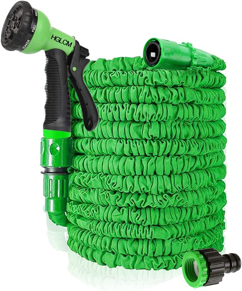 HGLCM 25ft/50ft/75ft/100ft/125ft Expanding Garden Water Hose Pipe with 8 Function Spray Gun 3 Times Expandable Flexible Magic Hose Anti-Leakage Lightweight Easy Storage (Green, 25ft)