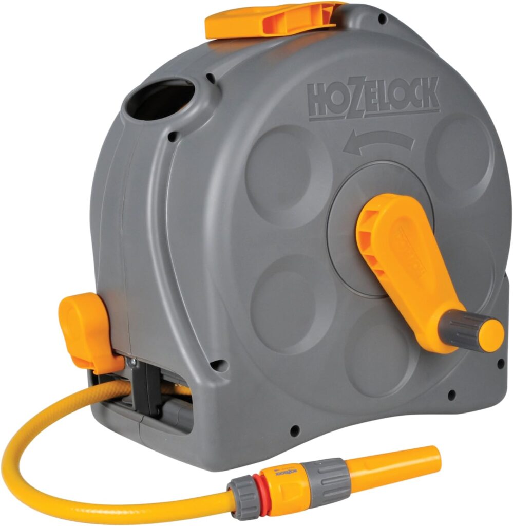 HOZELOCK - 2-in-1 Compact Hose Reel 25m : Portable or Wall-mounted Plastic Reel, Easy Rewind Function, Supplied with Nozzle, Fittings and Fixings [2415R0000]