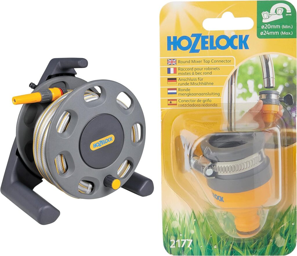 HOZELOCK - Compact Hose Reel 25m (ø 12.5 mm) : Integrated Handle, Supplied with 25m of Multi-purpose Hose, Fittings and Nozzle, Max. Capacity 30m [2412P0275]