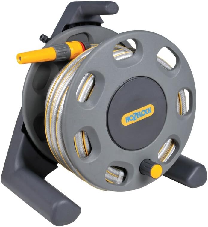 HOZELOCK - Compact Hose Reel 25m (ø 12.5 mm) : Integrated Handle, Supplied with 25m of Multi-purpose Hose, Fittings and Nozzle, Max. Capacity 30m [2412P0275]