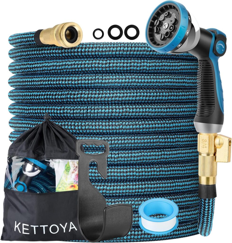 KETTOYA 100FT Expandable Garden Hose, Flexible Water Hose with 10-Pattern Spray Nozzle, Leak-proof Retractable Heavy Duty Hose Pipe, 4-layer Latex Core, Durable 3750D, Brass Alloy Connector, Kink-Free