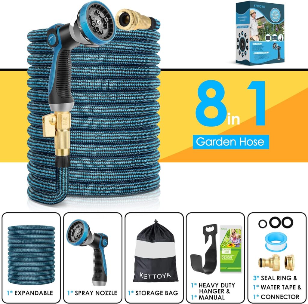 KETTOYA 100FT Expandable Garden Hose, Flexible Water Hose with 10-Pattern Spray Nozzle, Leak-proof Retractable Heavy Duty Hose Pipe, 4-layer Latex Core, Durable 3750D, Brass Alloy Connector, Kink-Free