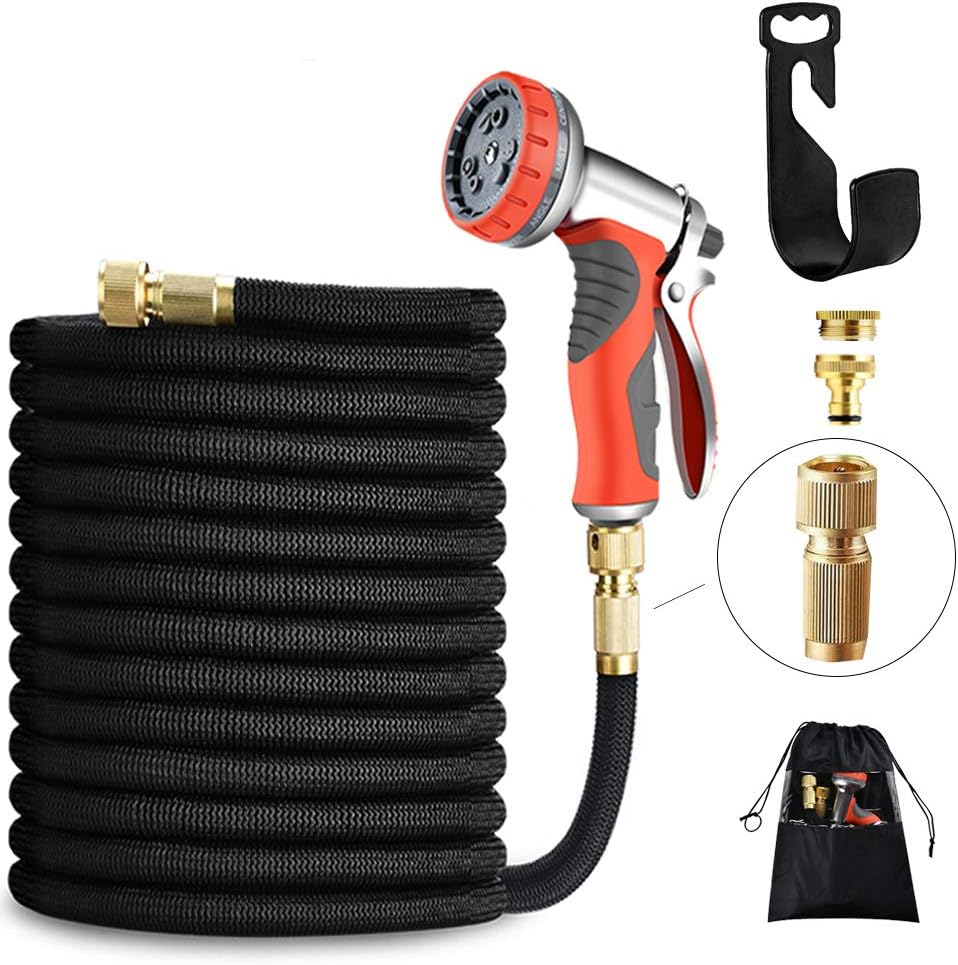 LUFENG UPGRADED Expandable Hose 150FT 45M Garden Hose with Double Latex Core Hose Pipe Solid Brass Fittings 9 Function Metal Spray Gun Nozzle Wall Hanger for Gardening Car Washing Pet Bathing (150FT