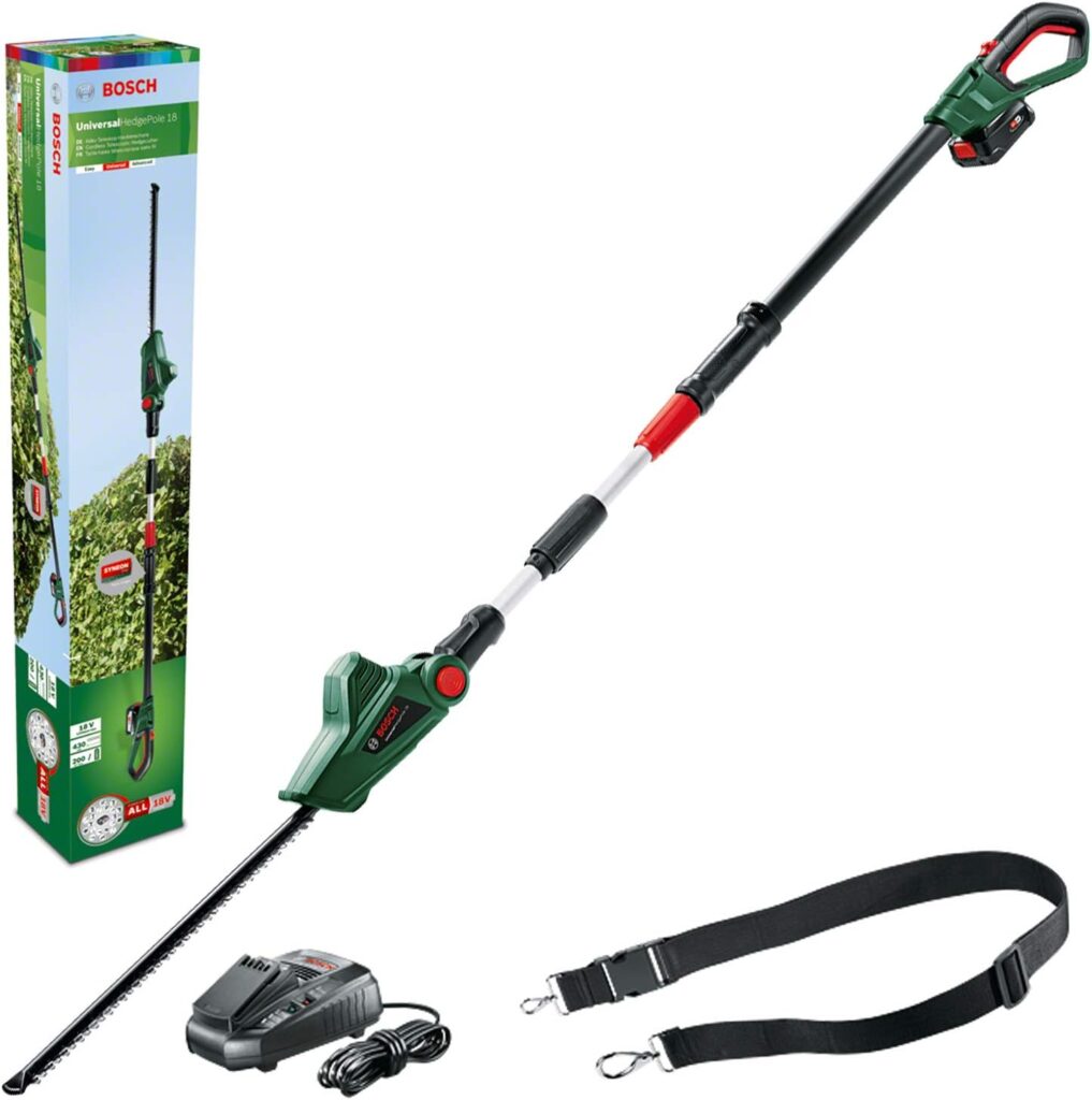 Bosch Lawn and Garden 06008B3070 Cordless Telescopic Hedge Trimmer UniversalHedgePole 18 (1 Battery, 18 Volt System in Cardboard Box), Green