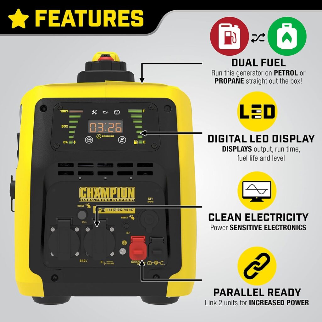 Champion Power Equipment 82001i-DF 2000 Watt LPG Dual Fuel Portable Inverter Generator - 80cc Engine - 11 Hours Runtime - True Sine Wave, EZ Start, Fuel Fill Assist LED, Stackable Design