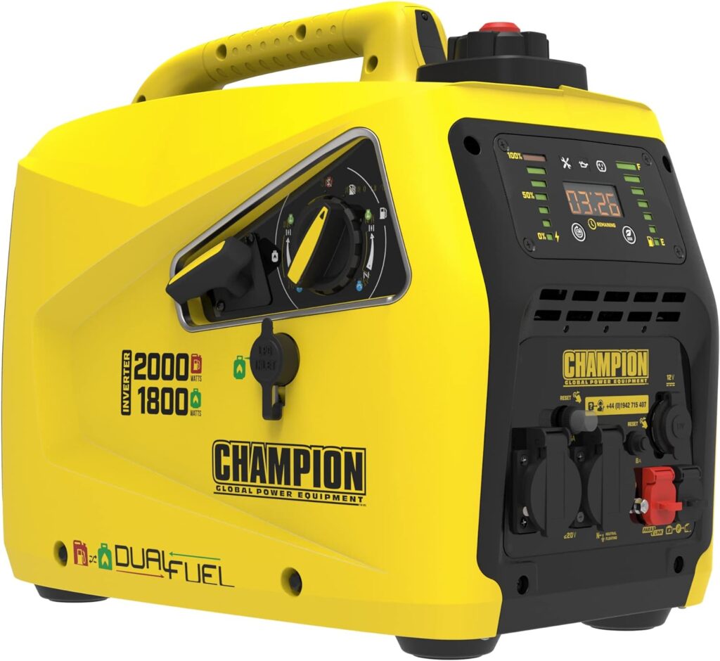 Champion Power Equipment 82001i-DF 2000 Watt LPG Dual Fuel Portable Inverter Generator - 80cc Engine - 11 Hours Runtime - True Sine Wave, EZ Start, Fuel Fill Assist LED, Stackable Design