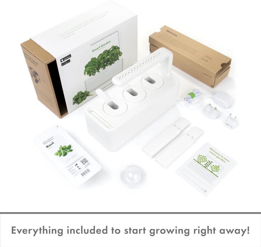 Click Grow Indoor Herb Garden Kit with Grow Light | Smart Garden for Home Kitchen Windowsill | Easier than Hydroponics Growing System | Vegetable Gardening Starter (3 Basil Pods included), Grey