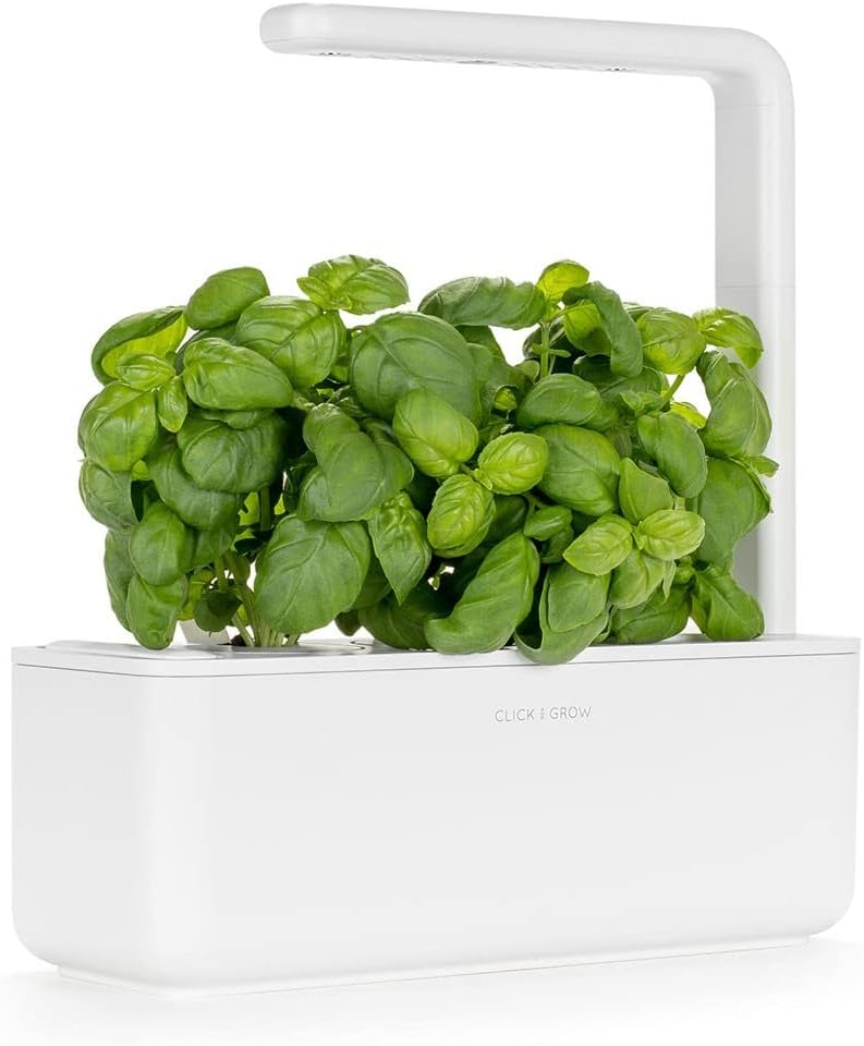 Click Grow Indoor Herb Garden Kit with Grow Light | Smart Garden for Home Kitchen Windowsill | Easier than Hydroponics Growing System | Vegetable Gardening Starter (3 Basil Pods included), Grey