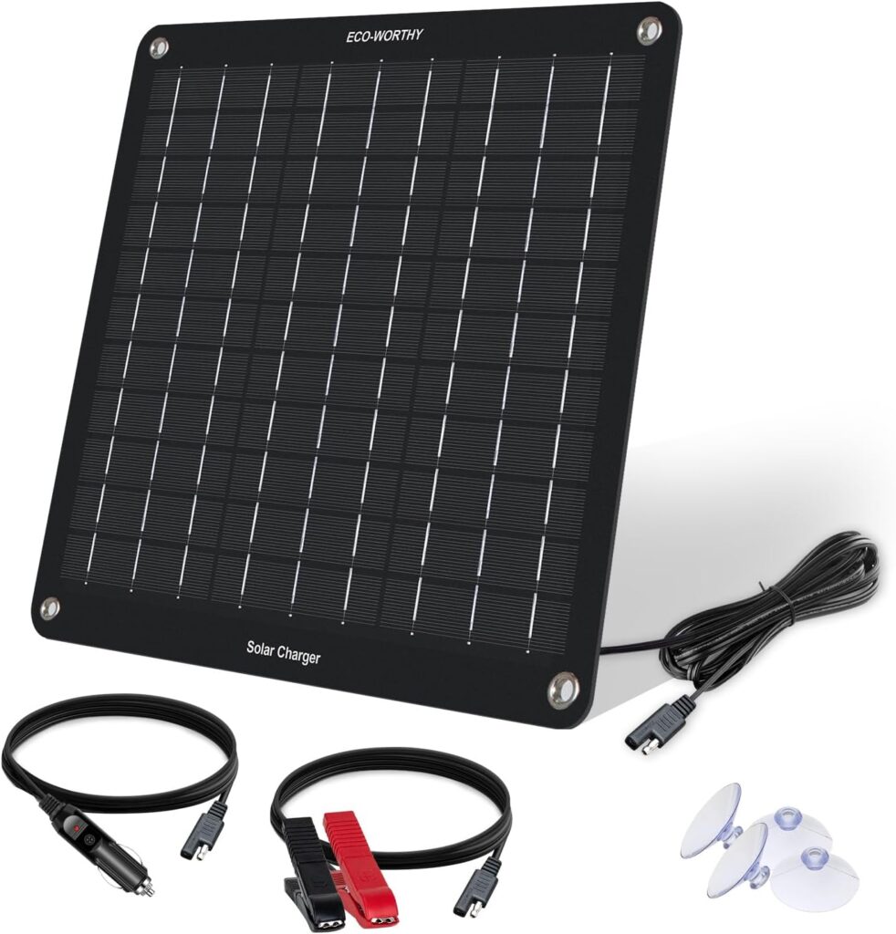 ECO-WORTHY 10W 12V Solar Trickle Charger Car Battery Maintainer, Portable Solar Panel Power Backup Kit with Alligator Clip Adapter for Car RV Boat Automobile Motorcycle