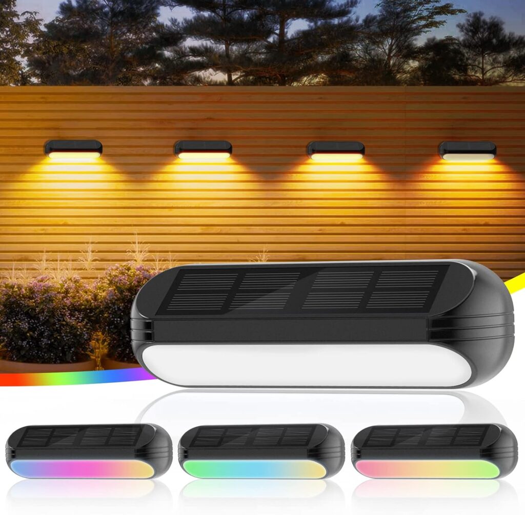 GEARLITE Solar Fence Lights, 4 Pack Solar Lights Outdoor Garden with Warm White and Multi-Colour Changing Modes, Waterproof Garden Ornaments Outdoor for Fence Step Terraces Deck